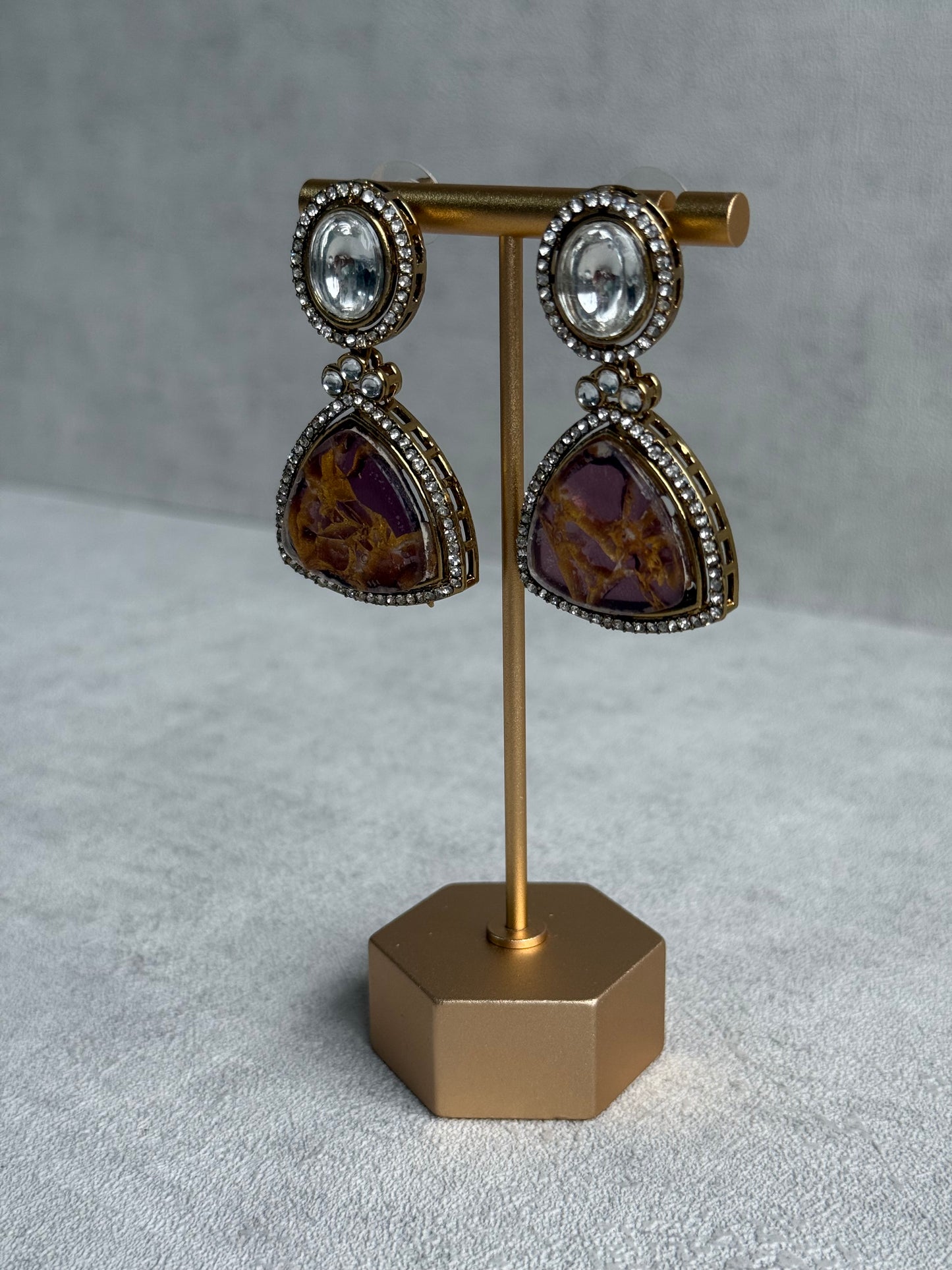 Ayura Designs Florence Earrings – mirror cut studs with Berry Pink Marble Resin & Crystal Borders