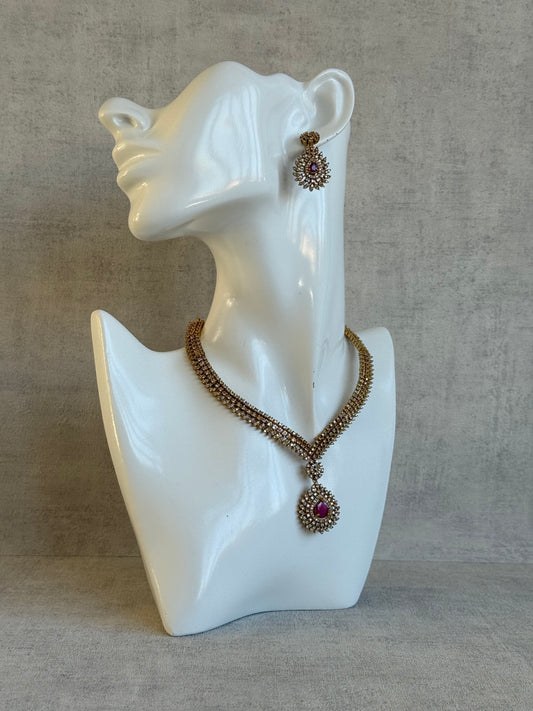 Ayura Designs Kahsi Set with Necklace & Earrings – Ruby Pink Centre Stones, Moissanite Sparkle and Antique Gold Finish