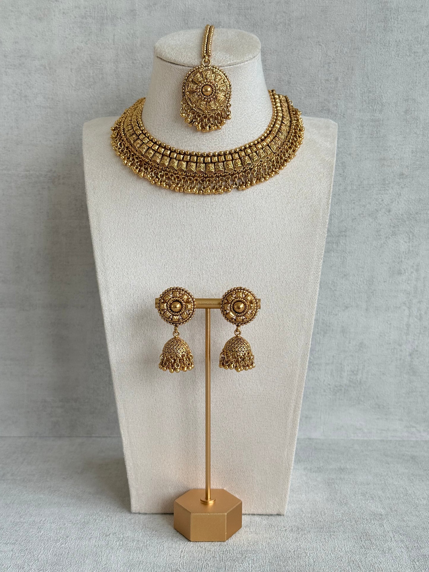 Ayura Designs Iksirat Necklace Set with Jhumkis & Tikka – Gold Heritage Design with Ghungroo Detailing