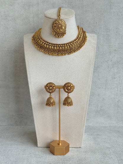 Ayura Designs Iksirat Necklace Set with Jhumkis & Tikka – Gold Heritage Design with Ghungroo Detailing