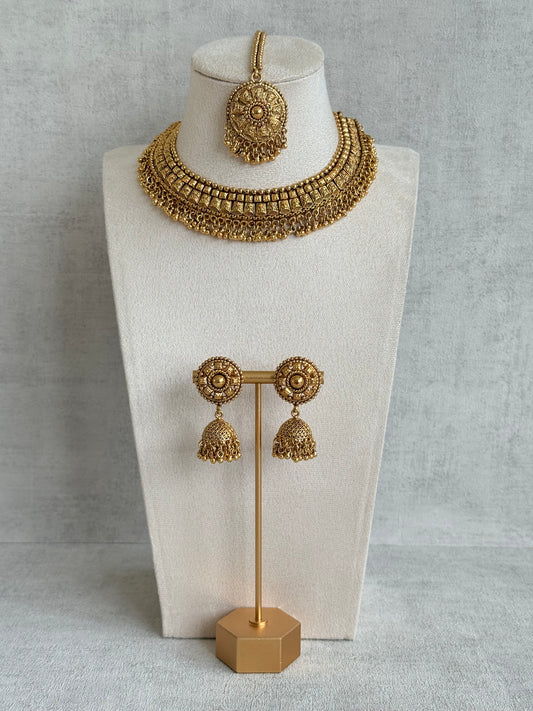 Ayura Designs Iksirat Necklace Set with Jhumkis & Tikka – Gold Heritage Design with Ghungroo Detailing
