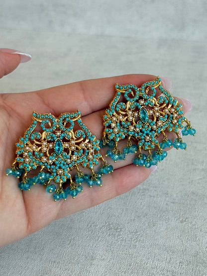 Ayura Designs Shanza Earrings – Turquoise Beaded Statement Earrings with Pearl Detailing & Crystal Drops