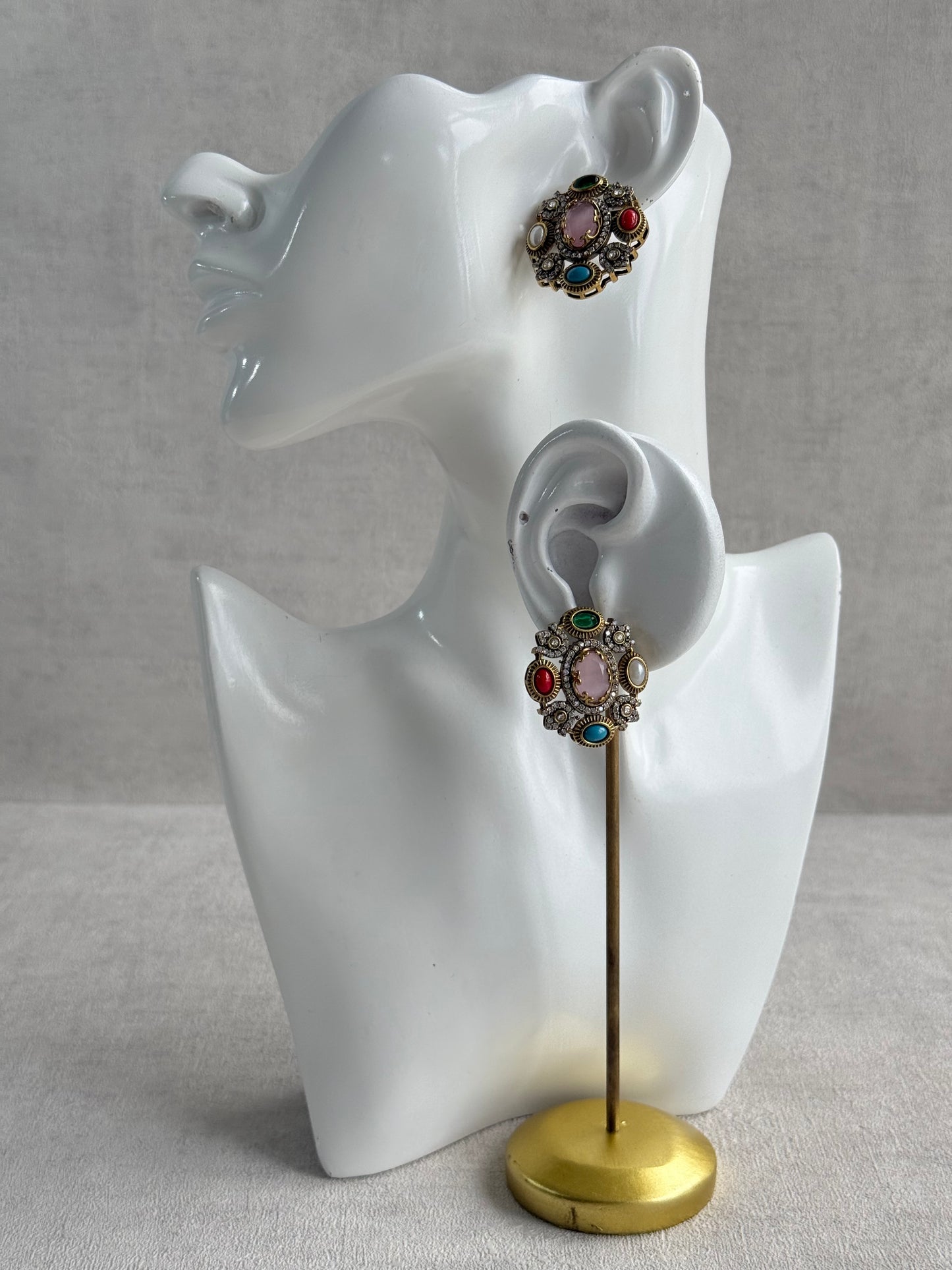 Ayura Designs Celia Stud Earrings – Blush Pink & Multicolour Stones with Gold Finish