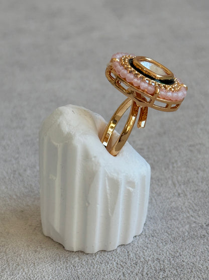 Ayura Designs Roselle Adjustable Ring – Moissanite Centre with Crystal Border & Blush Pink Beads