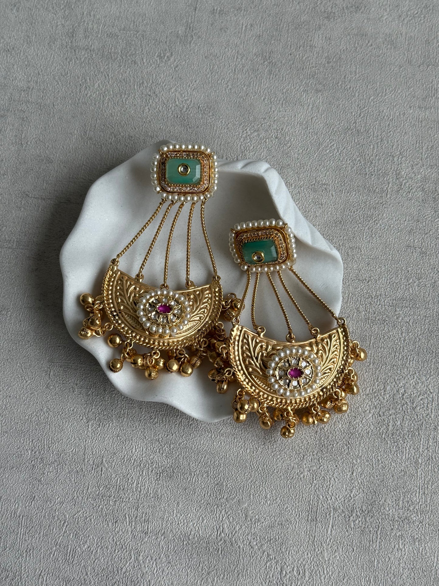 Ayura Designs Jheel Earrings – Pistachio Half-Moon Drops with Pearl Edging & Golden Ghungroos