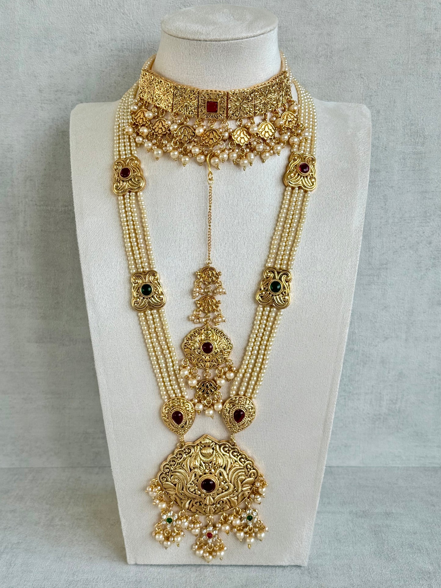 Ayura Designs Maharani Bridal Set with Choker, Haar, Earrings & Tikka – Antique Gold with Pink Stones & Pearl Detailing