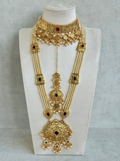 Ayura Designs Maharani Bridal Set with Choker, Haar, Earrings & Tikka – Antique Gold with Pink Stones & Pearl Detailing