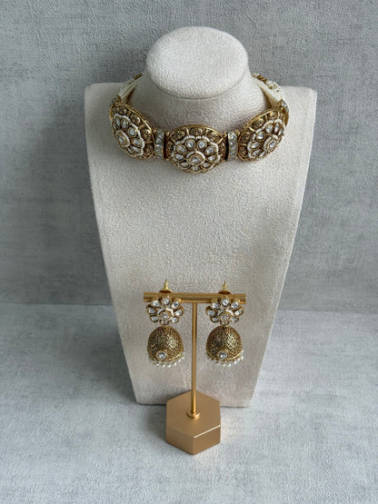 Ayura Designs Tanu Choker Set – Antique Gold Choker & Jhumkis with Kundan, Pearl Borders & Filigree Detailing