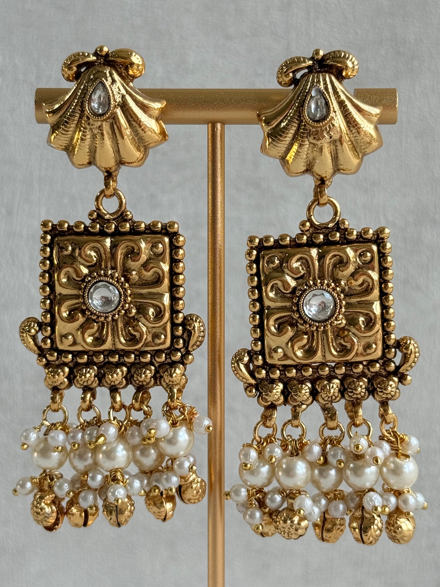 Ayura Designs Nabila Choker Set with Earrings & Tikka – Antique Gold Finish, Sea Shell Detailing, Pearls & Ghungroos