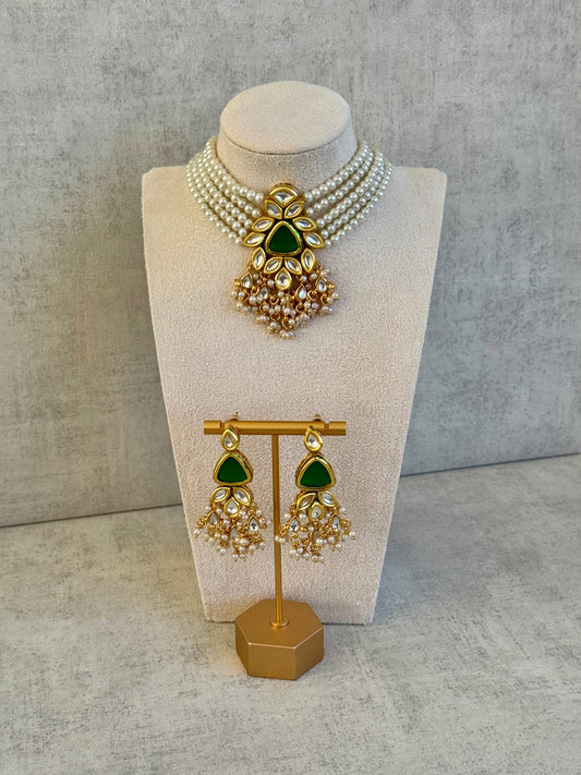 Ayura Designs Elina Set – Pearl Choker & Earrings with Green Stone Centerpiece and Kundan Detailing