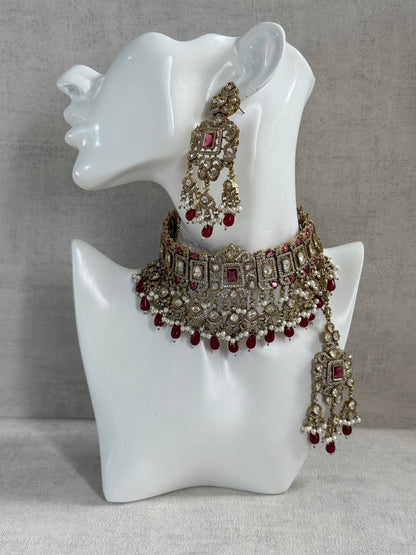 Ayura Designs Aisha Choker Set with Earrings & Tikka – Rani Pink Stones, Red Beads, Polki & Pearl Detailing