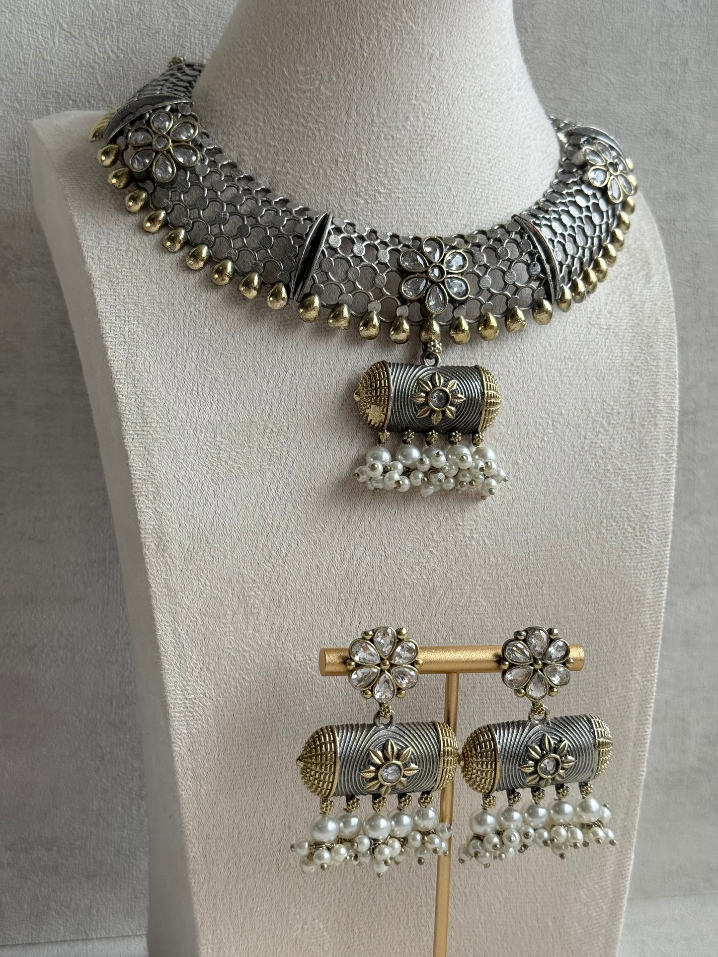 Ayura Designs Taal Necklace Set with Earrings & Tikka – Dual Tone Oxidised Mesh Necklace with Barrel Motifs & Pearl Detailing