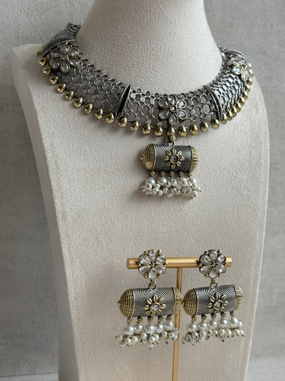Ayura Designs Taal Necklace Set with Earrings & Tikka – Dual Tone Oxidised Mesh Necklace with Barrel Motifs & Pearl Detailing