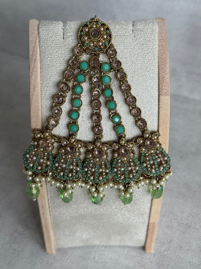 Ayura Designs Gaya Tikka Set with Earrings, Tikka & Sahara – Antique Gold with Pistachio Green Beads, Pearls & Mirror-Cut Stones