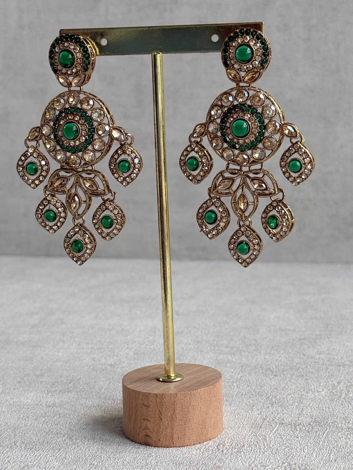 Ayura Designs Vanika Earrings – Emerald Green & Champagne Crystal Gold Finish