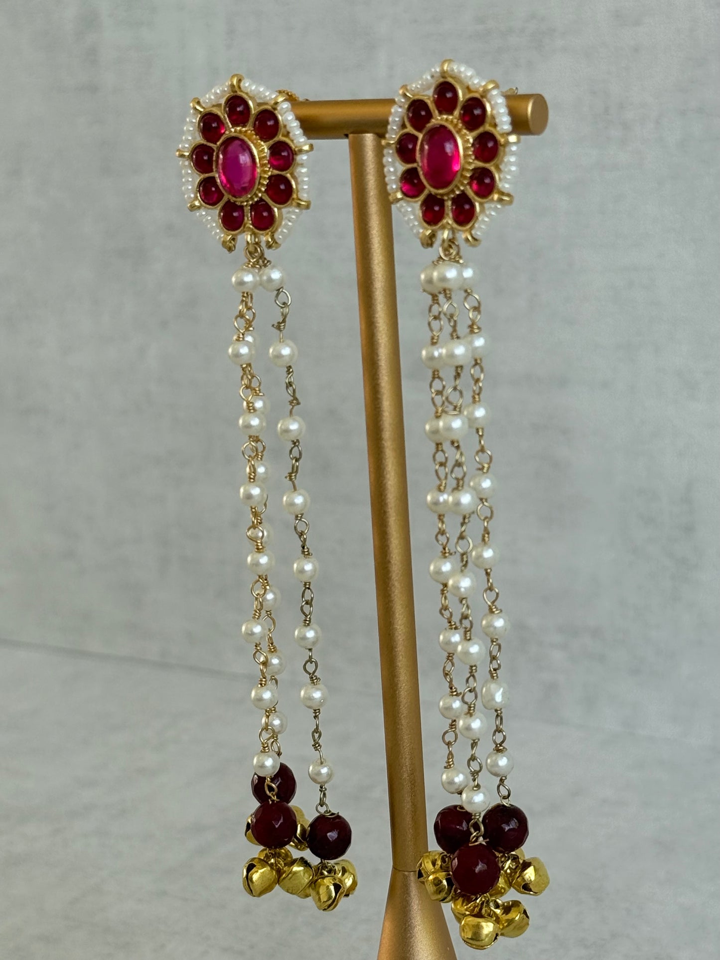 Ayura Designs Noorzar Earrings – Duster Earrings with Ruby Pink Stones, Maroon Beads, Pearl Chains & Ghungroo Detailing
