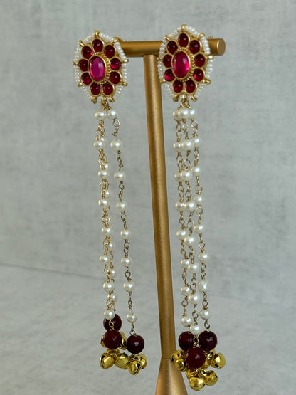 Ayura Designs Noorzar Earrings – Duster Earrings with Ruby Pink Stones, Maroon Beads, Pearl Chains & Ghungroo Detailing