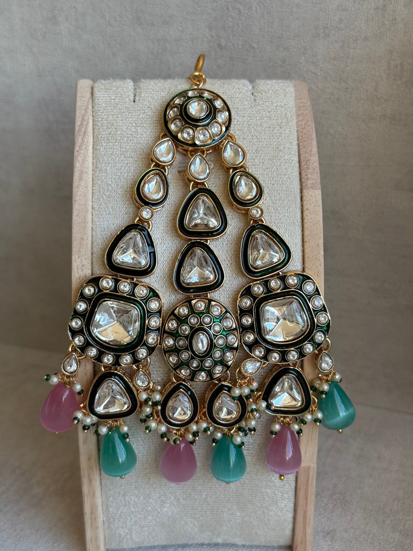 Ayura Designs Sumaira Set with Passa – Necklace, Earrings, Tikka & Passa with Kundan, Green Meenakari Detailing & Aqua-Pink Drops