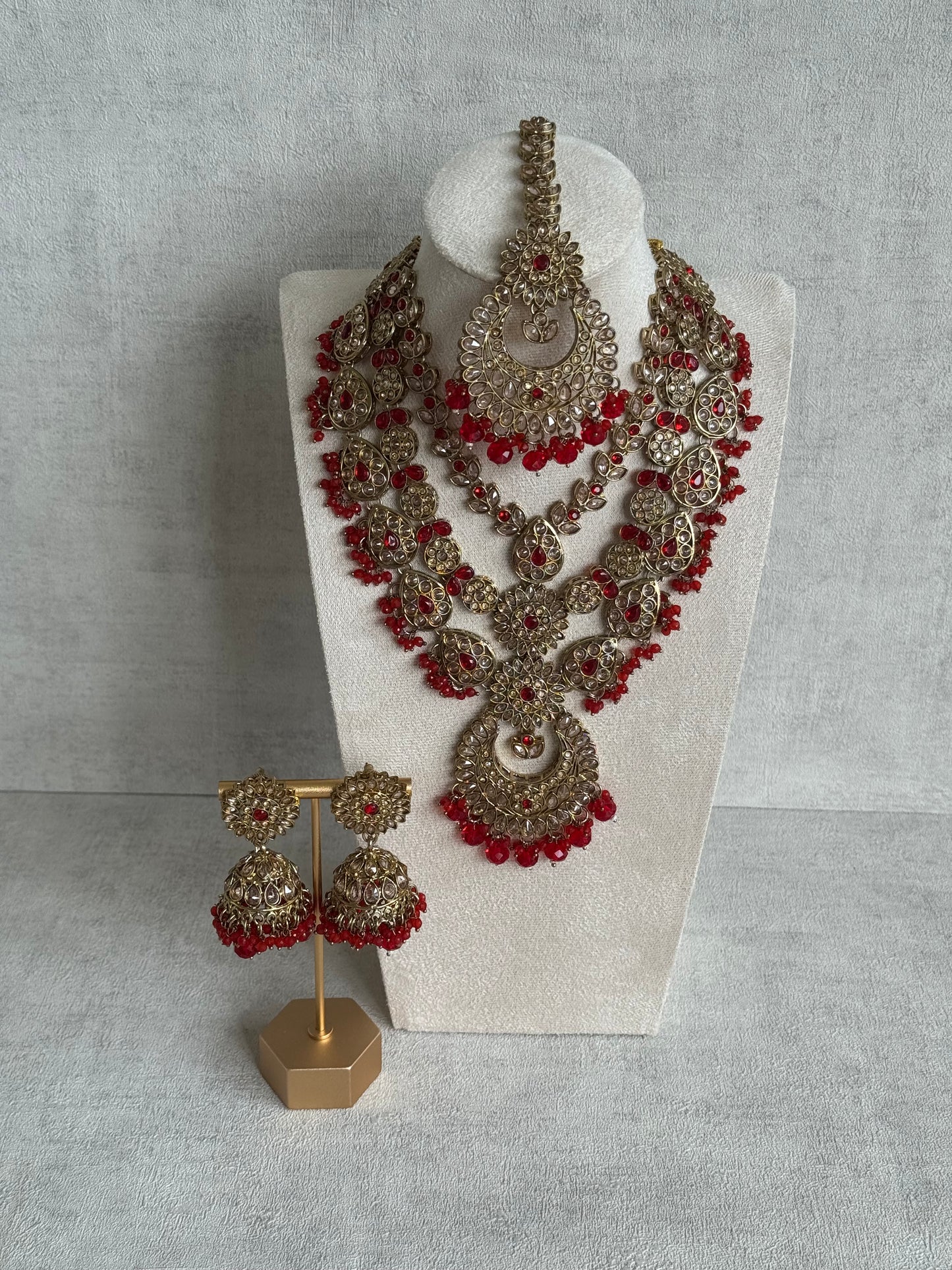 Ayura Designs Samreen Set with Tikka & Jhumkis – in Antique Gold with Red Beads & Mirror-Cut Stones