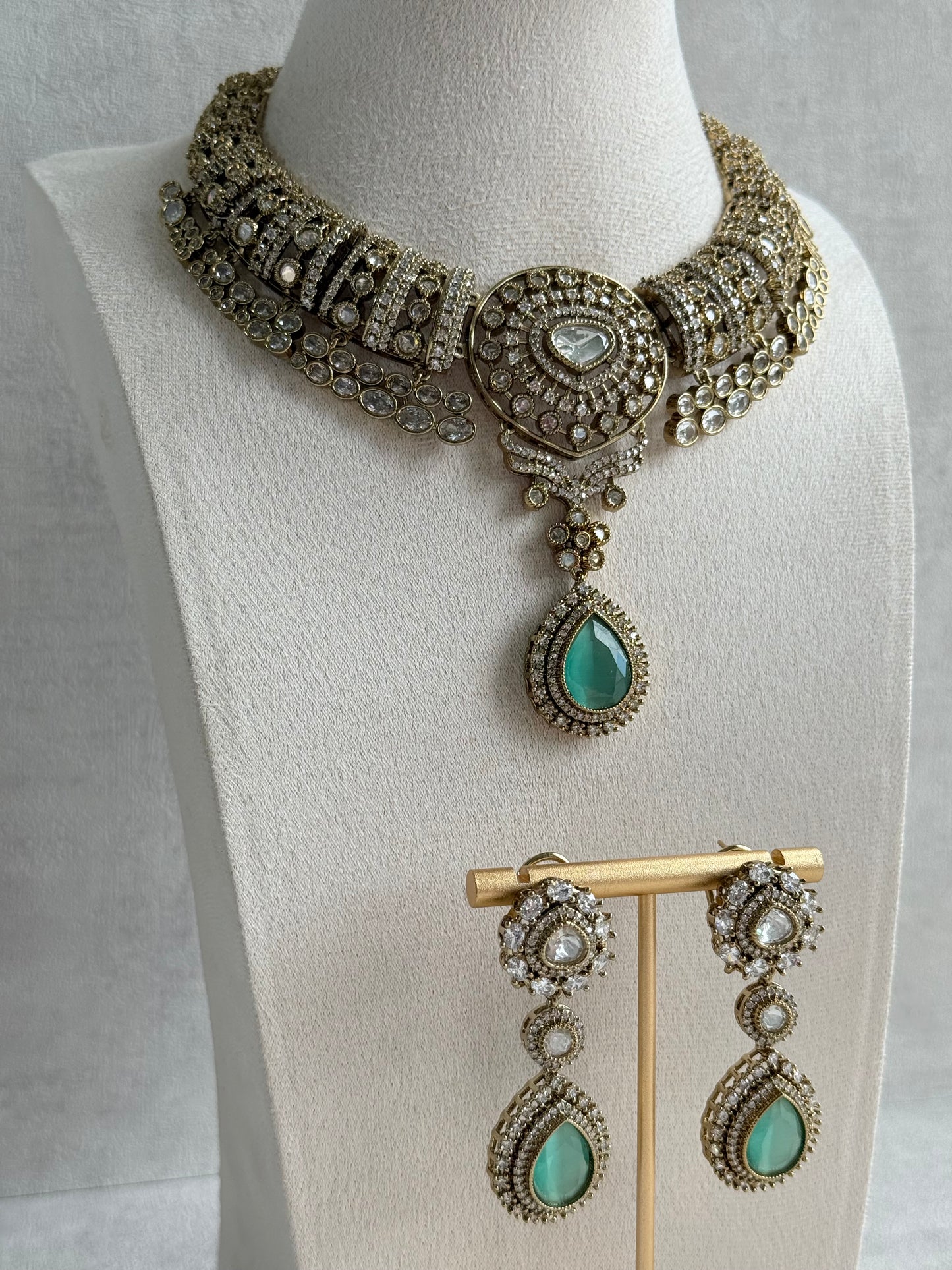 Ayura Designs Ahana Necklace Set with Earrings – Mint Green Teardrop Stones & Moissanite Detailing