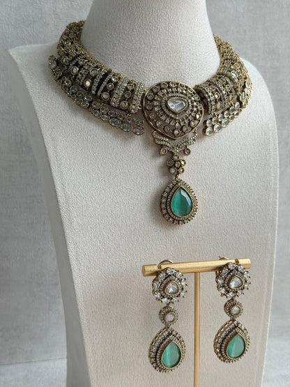 Ayura Designs Ahana Necklace Set with Earrings – Mint Green Teardrop Stones & Moissanite Detailing
