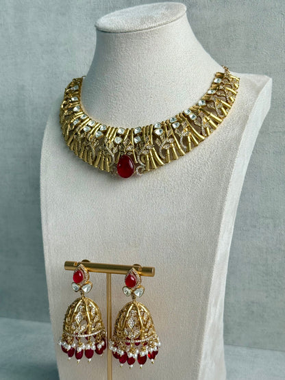 Ayura Designs Rami Collar Set with Jhumkis – Sculpted Gold Collar with Ruby Red Stone and Crystal Detailing