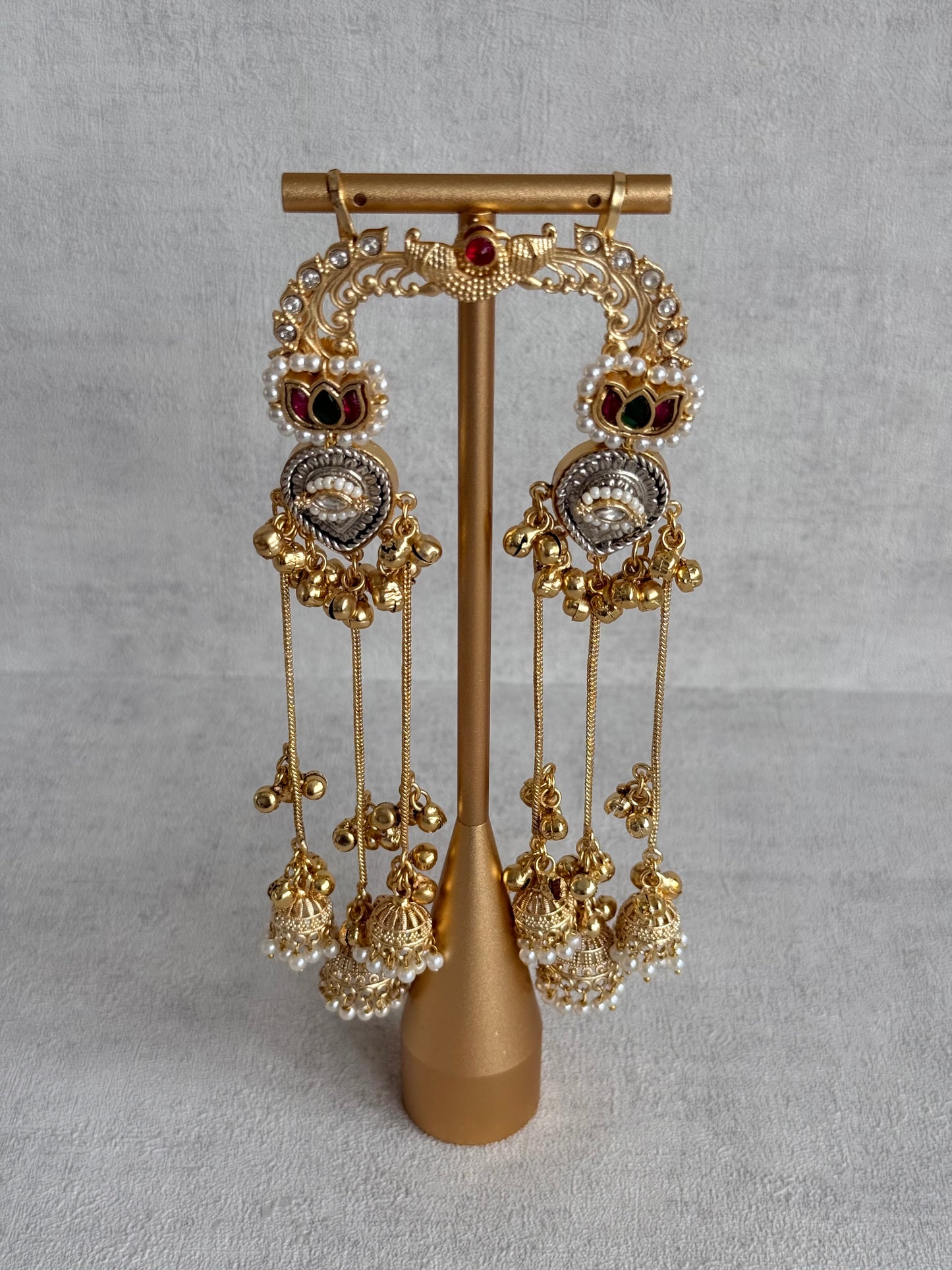 Ayura Designs Kaifiya Earrings – Peacock-Inspired Half Ear Cuff Jhumkis with Ruby Pink & Emerald Stones