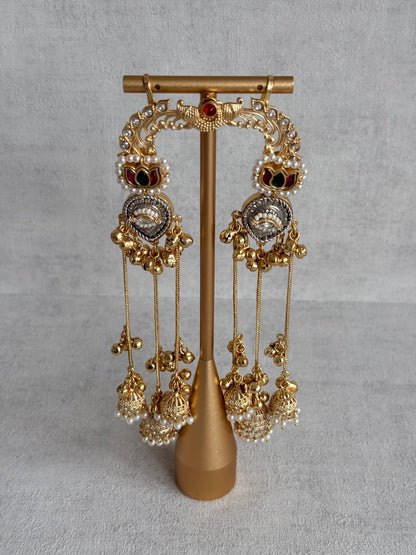 Ayura Designs Kaifiya Earrings – Peacock-Inspired Half Ear Cuff Jhumkis with Ruby Pink & Emerald Stones