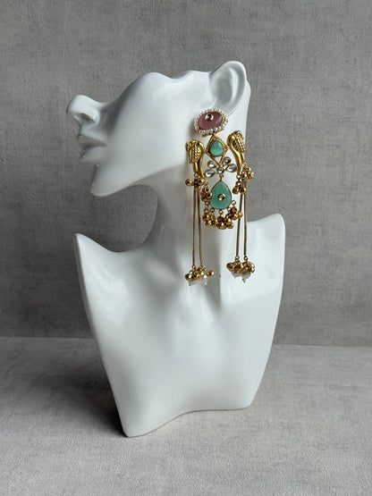 Ayura Designs Mehrun Earrings – Kashmiri Earrings with Mint Green Stones, Blush Pink Detailing & Pearl Drop Chains