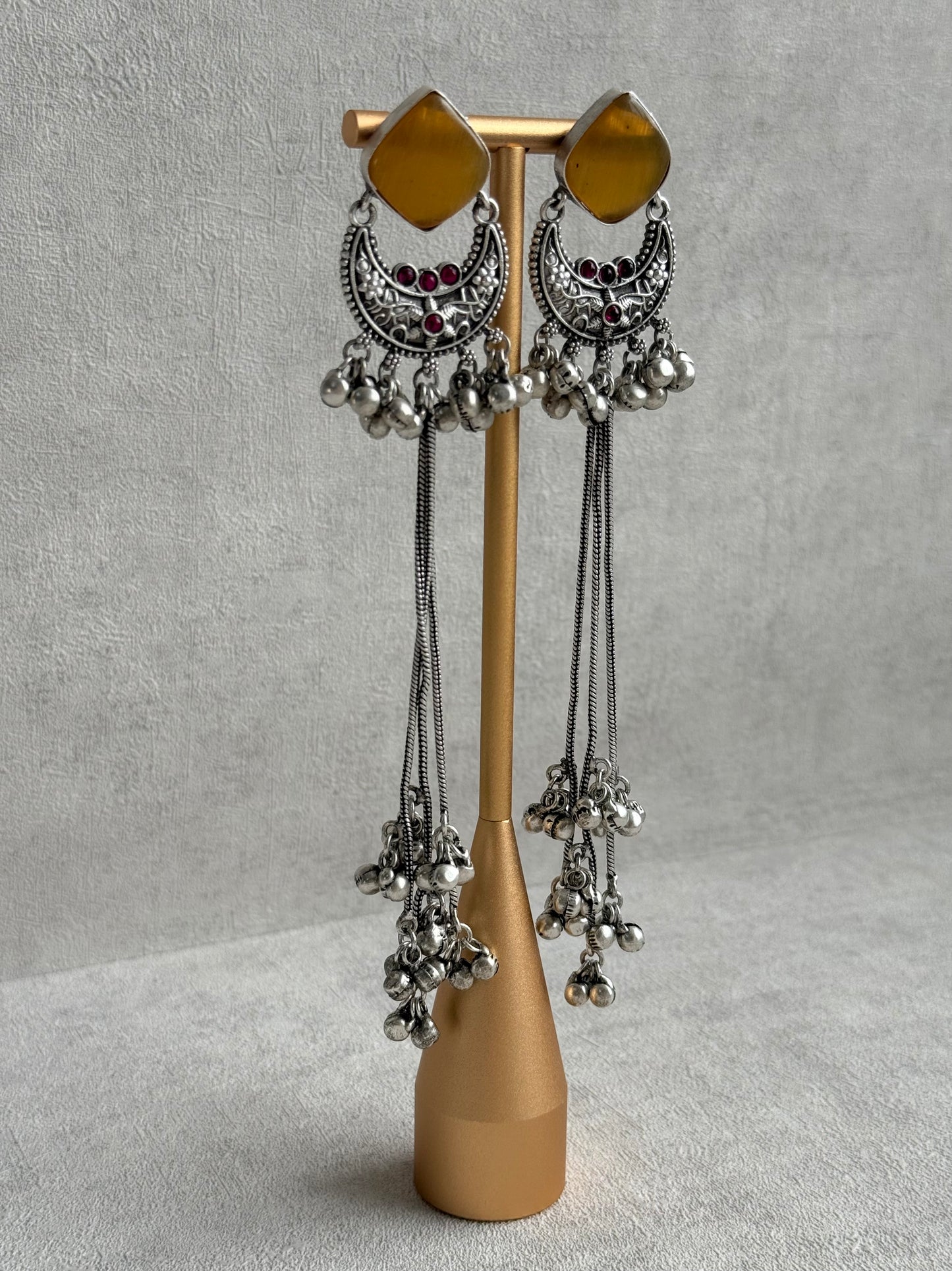Ayura Designs Zarfa Earrings – Oxidised Earrings with Amber Stones, Hanging Ghungroo Chains & Crescent Detailing