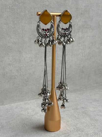 Ayura Designs Zarfa Earrings – Oxidised Earrings with Amber Stones, Hanging Ghungroo Chains & Crescent Detailing