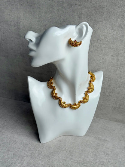 Ayura Designs Dhun Set – Necklace & Earrings with Antique Gold Crescent Motifs, Rani Pink & Emerald Detailing