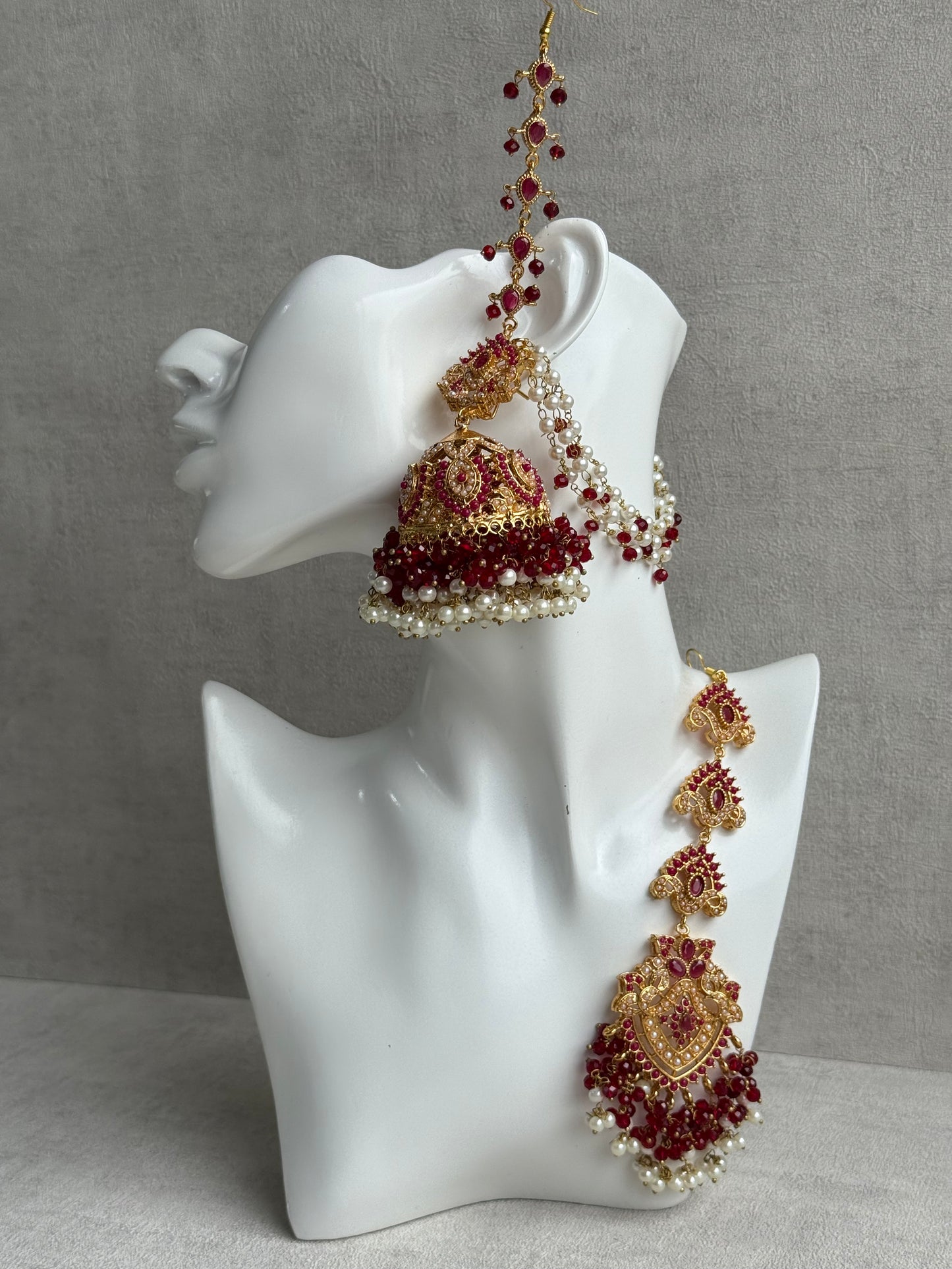 Ayura Designs Safia Tikka Set with Sahare Earrings – Ruby Red Beads & Pearls