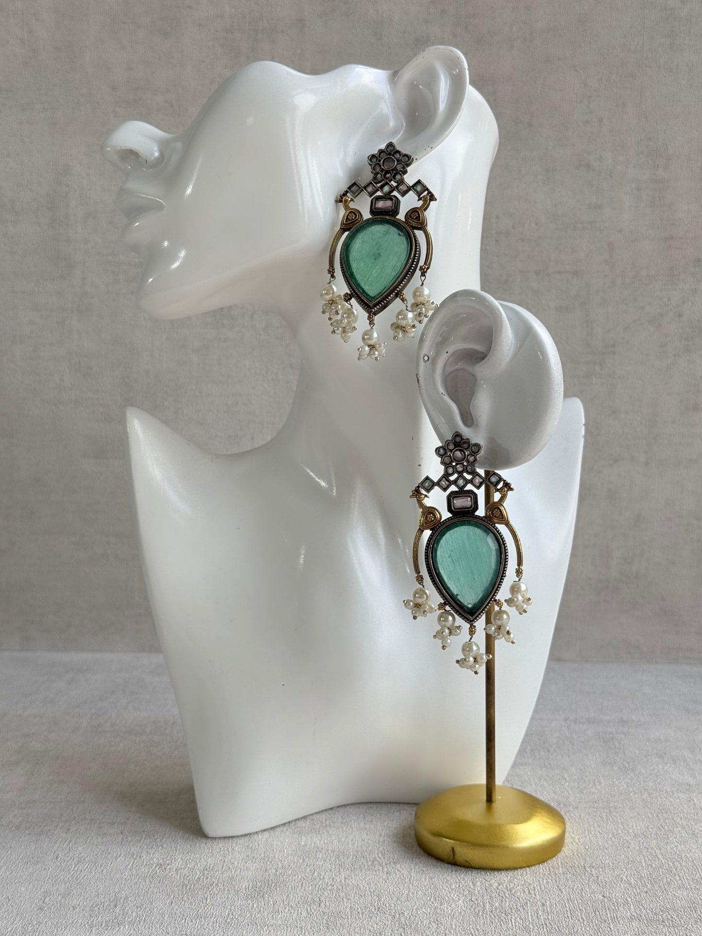 Ayura Designs Kafila Earrings – Dual Tone Oxidised Earrings with Peacock Motifs, Mint Green & Blush Pink Stones