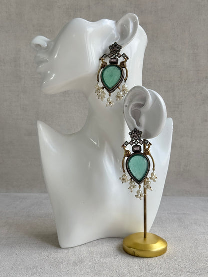 Ayura Designs Kafila Earrings – Dual Tone Oxidised Earrings with Peacock Motifs, Mint Green & Blush Pink Stones