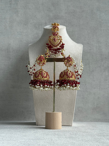 Ayura Designs Safia Tikka Set with Sahare Earrings – Ruby Red Beads & Pearls