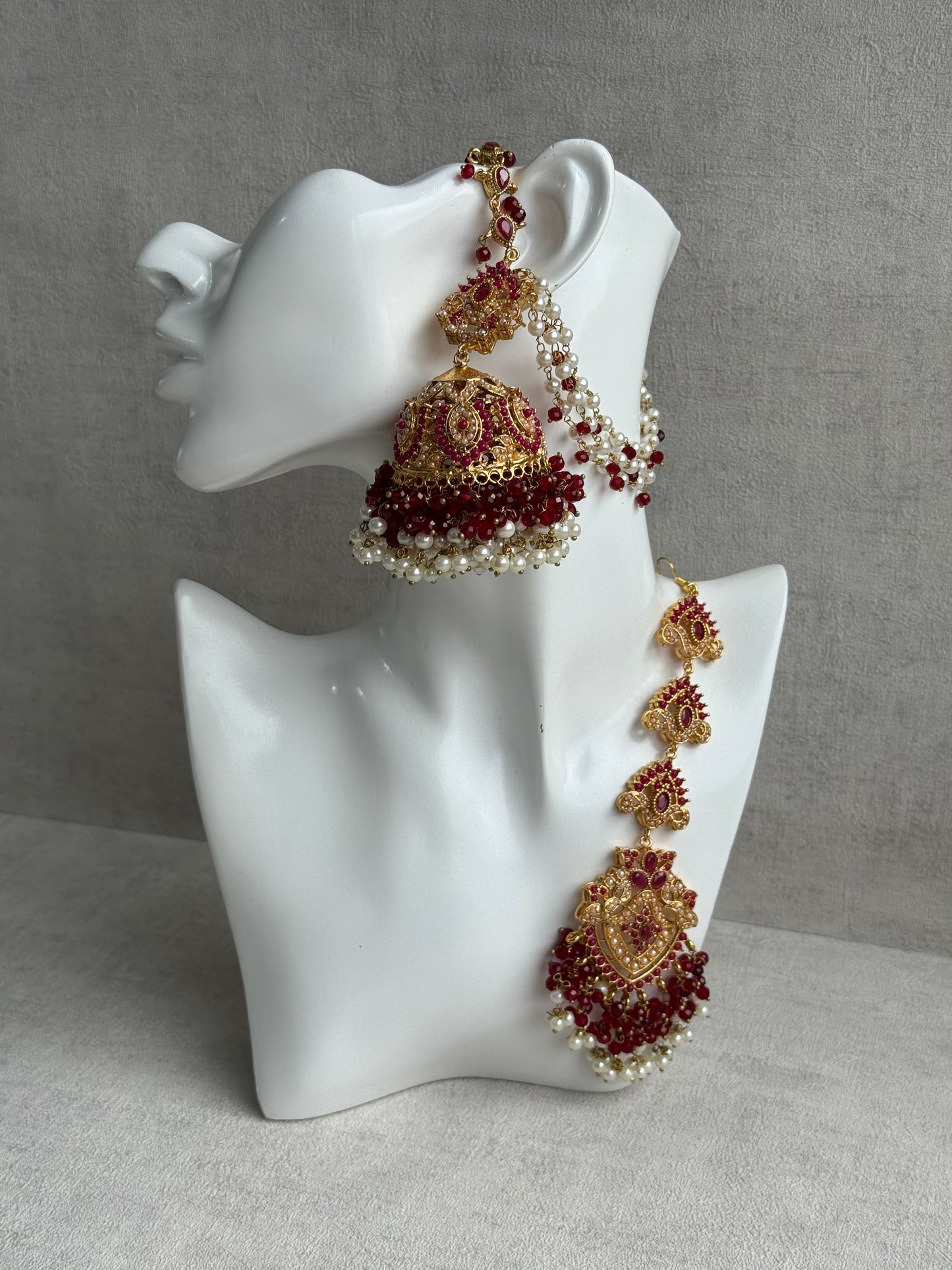 Ayura Designs Safia Tikka Set with Sahare Earrings – Ruby Red Beads & Pearls