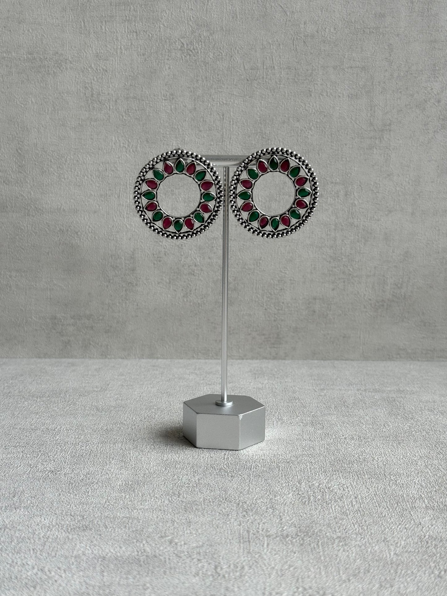 Ayura Designs Kesar Studs – Statement Oxidised Stud Earrings with Ruby Pink & Emerald Stones