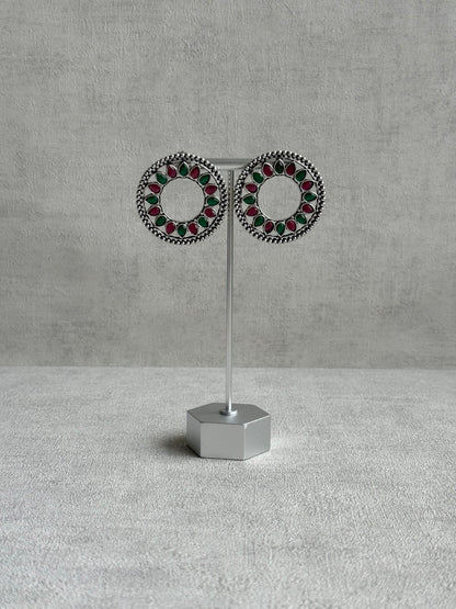 Ayura Designs Kesar Studs – Statement Oxidised Stud Earrings with Ruby Pink & Emerald Stones