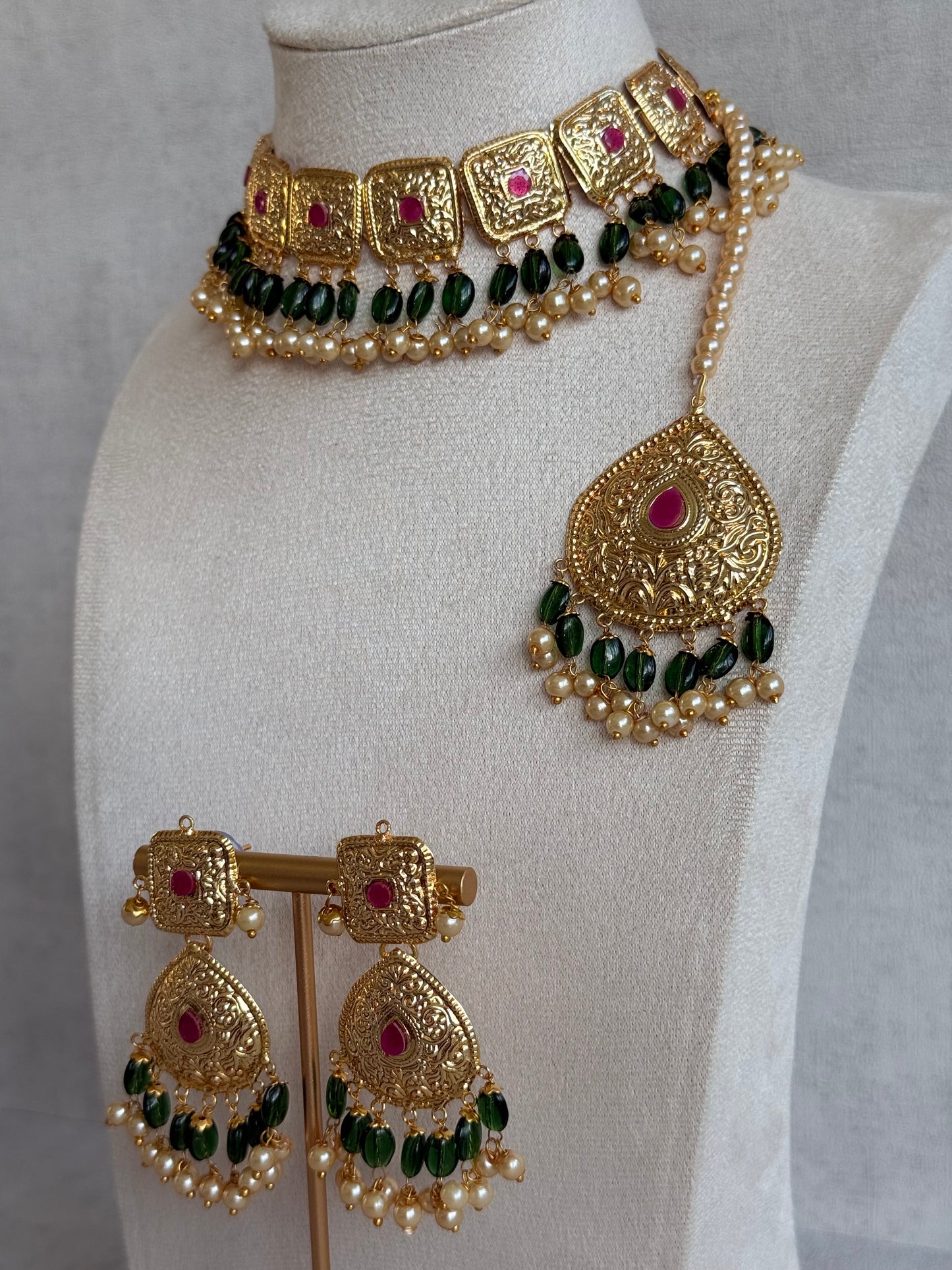 Ayura Designs Chetna Choker Set with Earrings & Tikka – Emerald Green Beads, Cream Pearl Drops with Pipal Patti Detailing