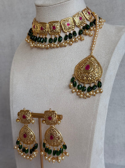 Ayura Designs Chetna Choker Set with Earrings & Tikka – Emerald Green Beads, Cream Pearl Drops with Pipal Patti Detailing