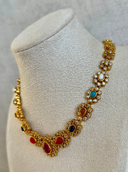 Ayura Designs Maanya Set with Earrings – Multicolour Stones with Rani Pink Centre & Crystal Detailing