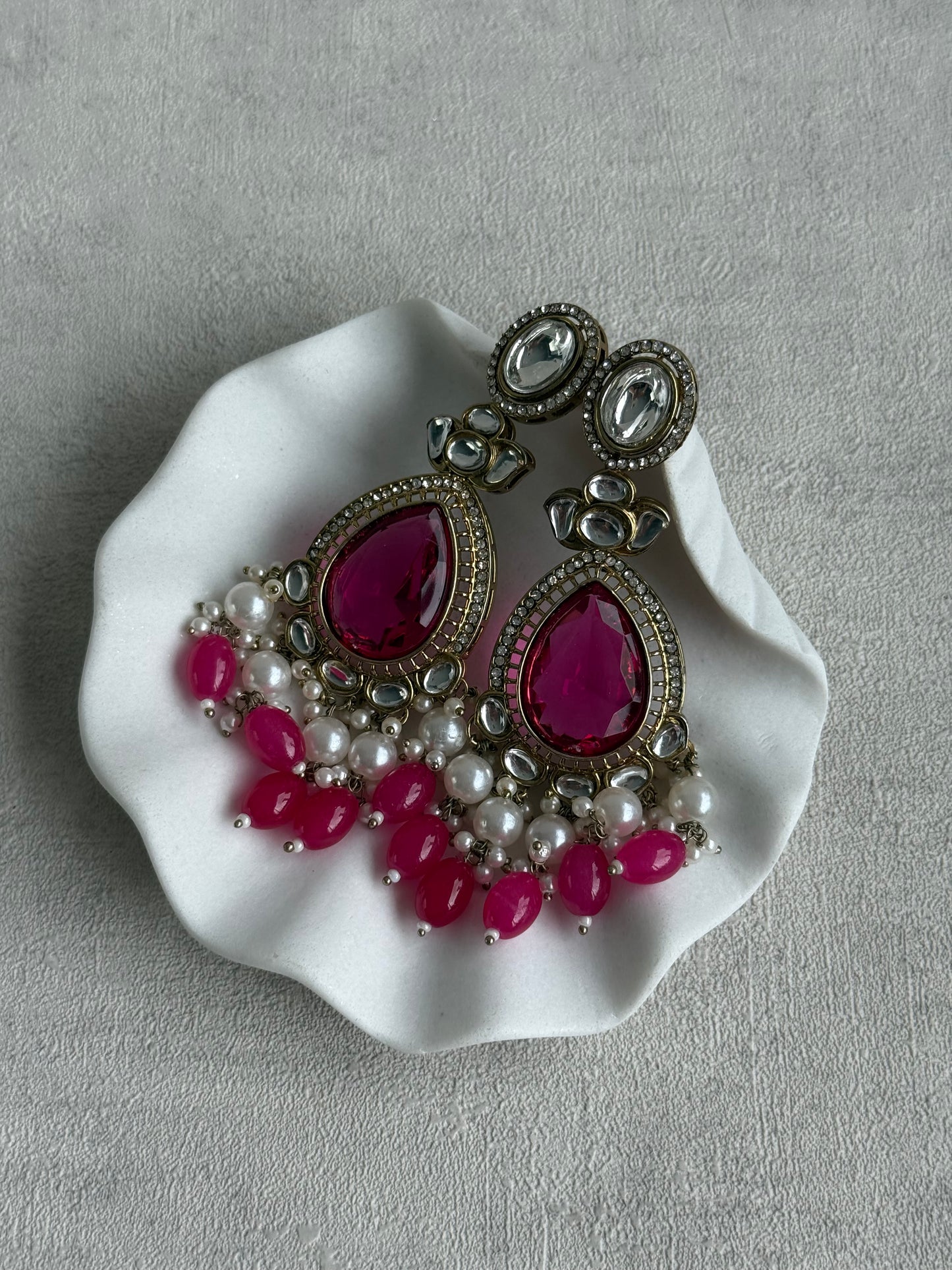 Ayura Designs Nageen Earrings – Antique Gold Jhumkis with Hot Pink Stones, Mirror-Cut Accents & Pearl Drops