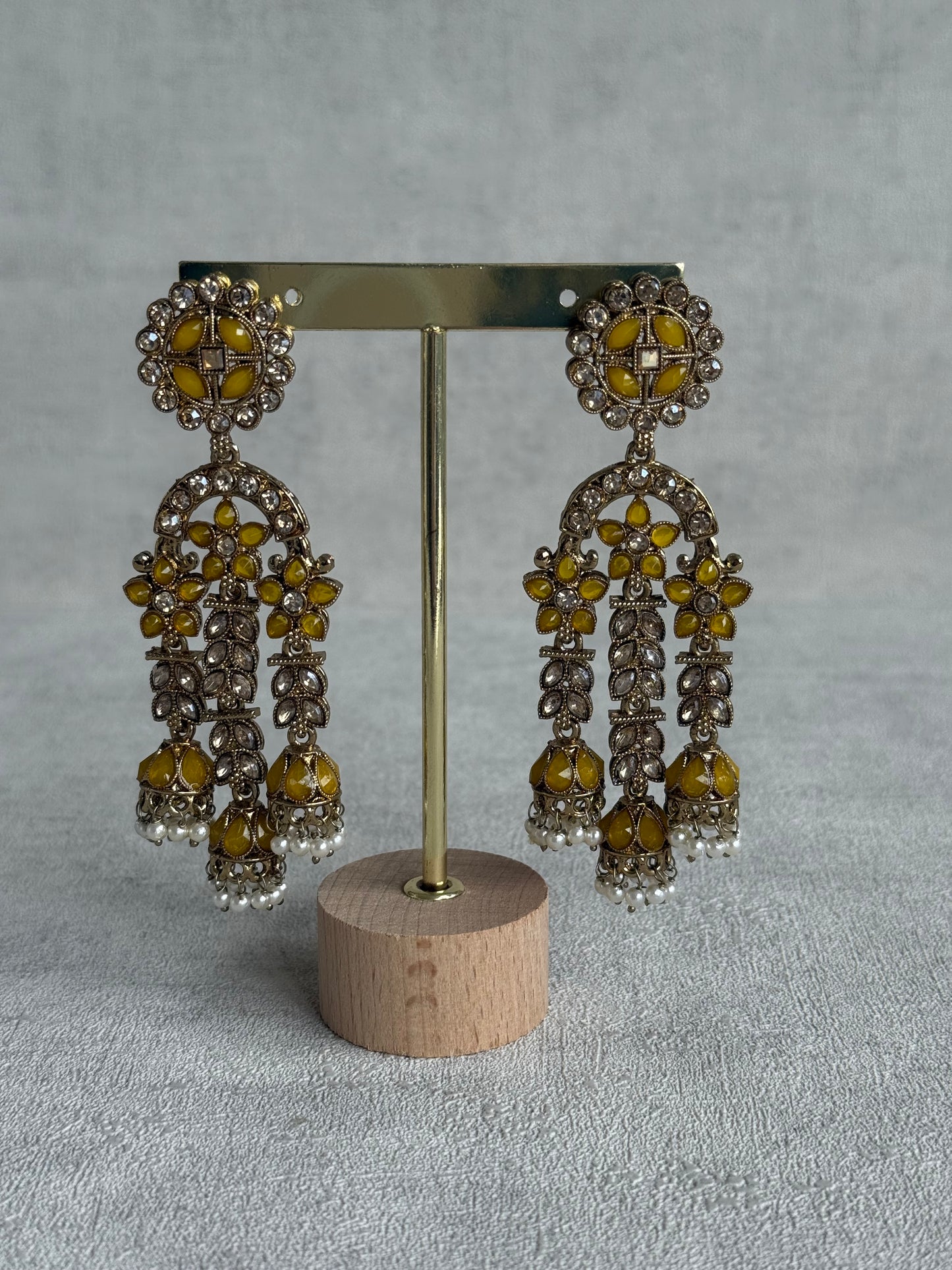 Ayura Designs Soraya Earrings – Yellow Stones, Champagne Crystals, Pearl Detailing & Gold Finish