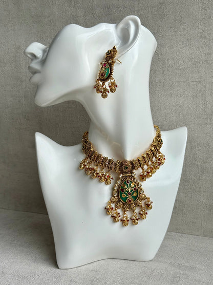 Ayura Designs Divya Set – Antique Gold Choker with Green Meenakari, Ruby Stones & Pearl Detailing