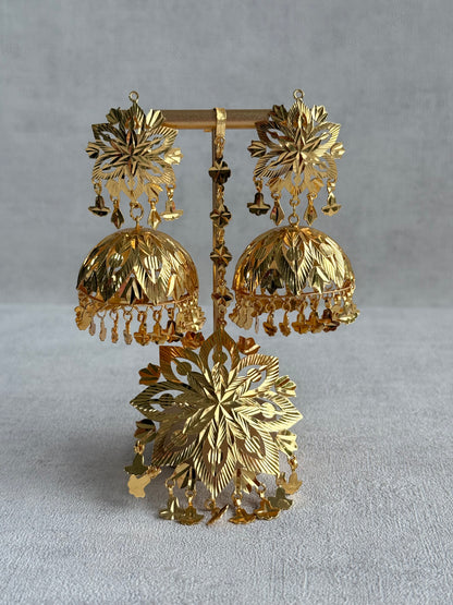 Ayura Designs Mutiyar Tikka Set with Jhumkis – Gold Floral Design with Pippal Patti Drops