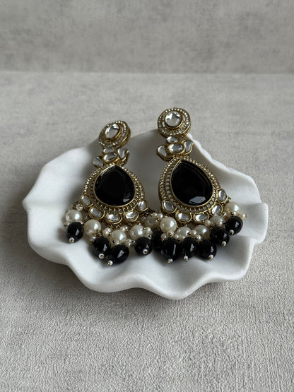 Ayura Designs Nageen Earrings – Antique Gold Jhumkis with Black Stones, Mirror-Cut Accents & Pearl Drops