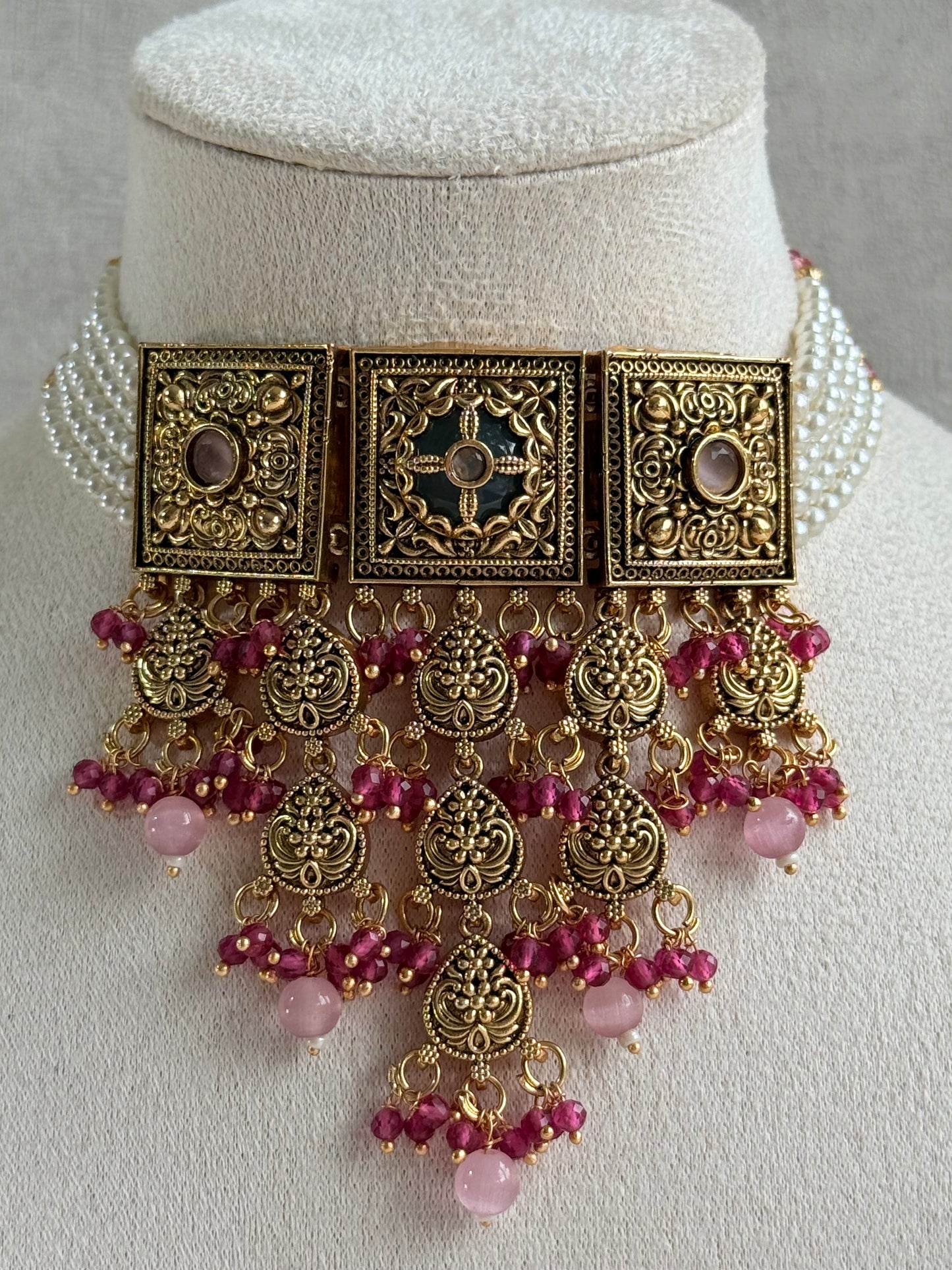 Ayura Designs Samera Choker Set with Earrings & Tikka – Rani Pink & Blush Pink Beads, Green Centre Stone, Floral Motifs & Antique Gold Finish