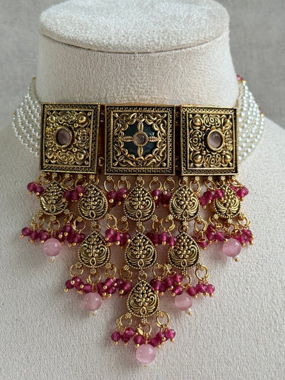 Ayura Designs Samera Choker Set with Earrings & Tikka – Rani Pink & Blush Pink Beads, Green Centre Stone, Floral Motifs & Antique Gold Finish