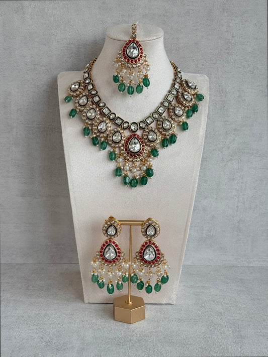 Ayura Designs Eesha Set with Necklace, Earrings & Tikka – Multicolour Stones with Kundan Detailing, Emerald Green Beads & Pearl Drops
